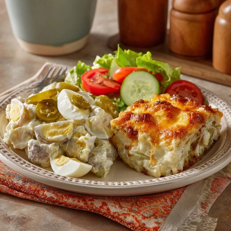 Hausgemachtes Kartoffelgratin mit scharfem Kartoffelsalat serviert, mit frisch zubereitetem Kartoffelsalat und einer frischen Salatbeilage.