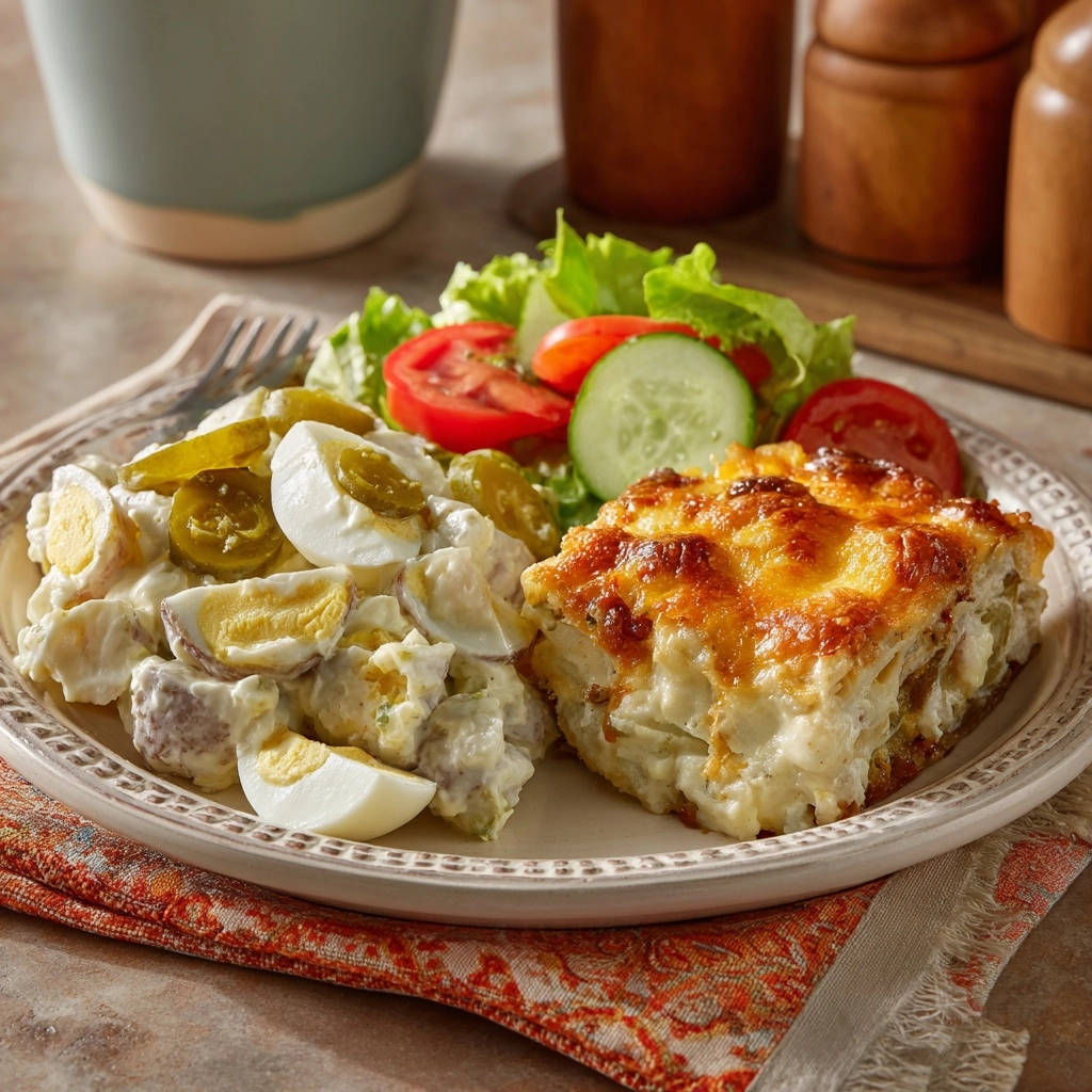 Hausgemachtes Kartoffelgratin mit scharfem Kartoffelsalat serviert, mit frisch zubereitetem Kartoffelsalat und einer frischen Salatbeilage.