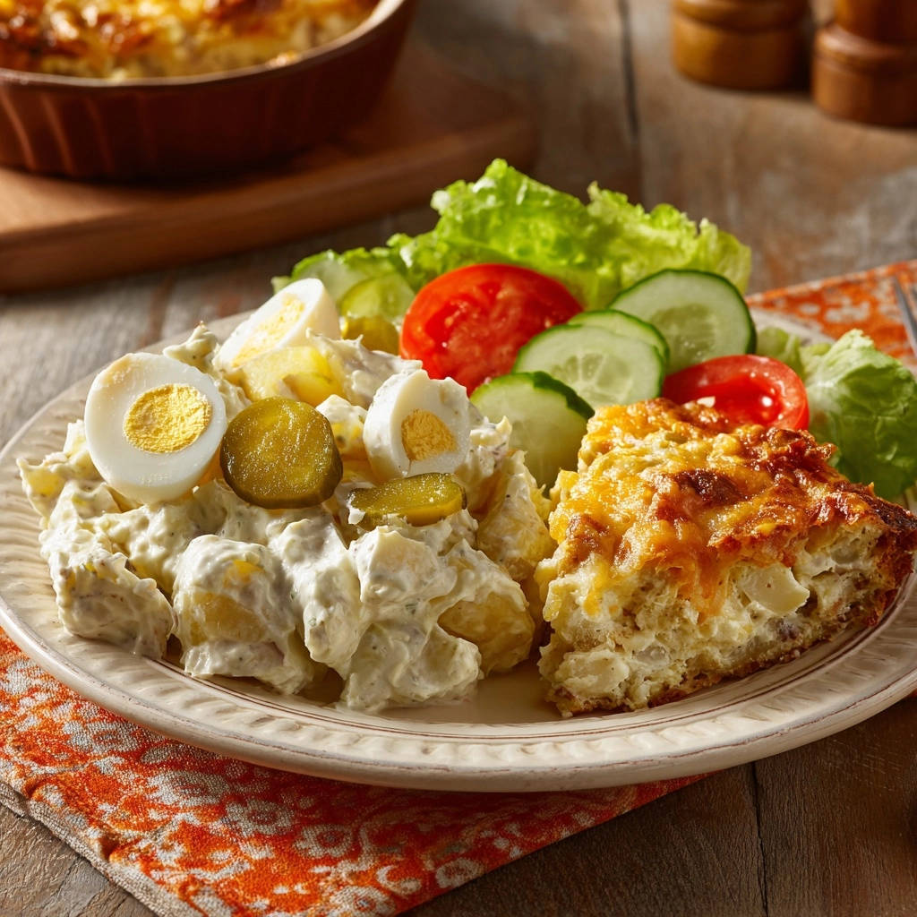 Hausgemachtes Kartoffelgratin Mit Scharfem Kartoffelsalat Se 1 Hausgemachtes Kartoffelgratin mit scharfem Kartoffelsalat serviert auf einem Teller, mit Beilagen aus Salat, Gurken, Tomaten und Eiern.