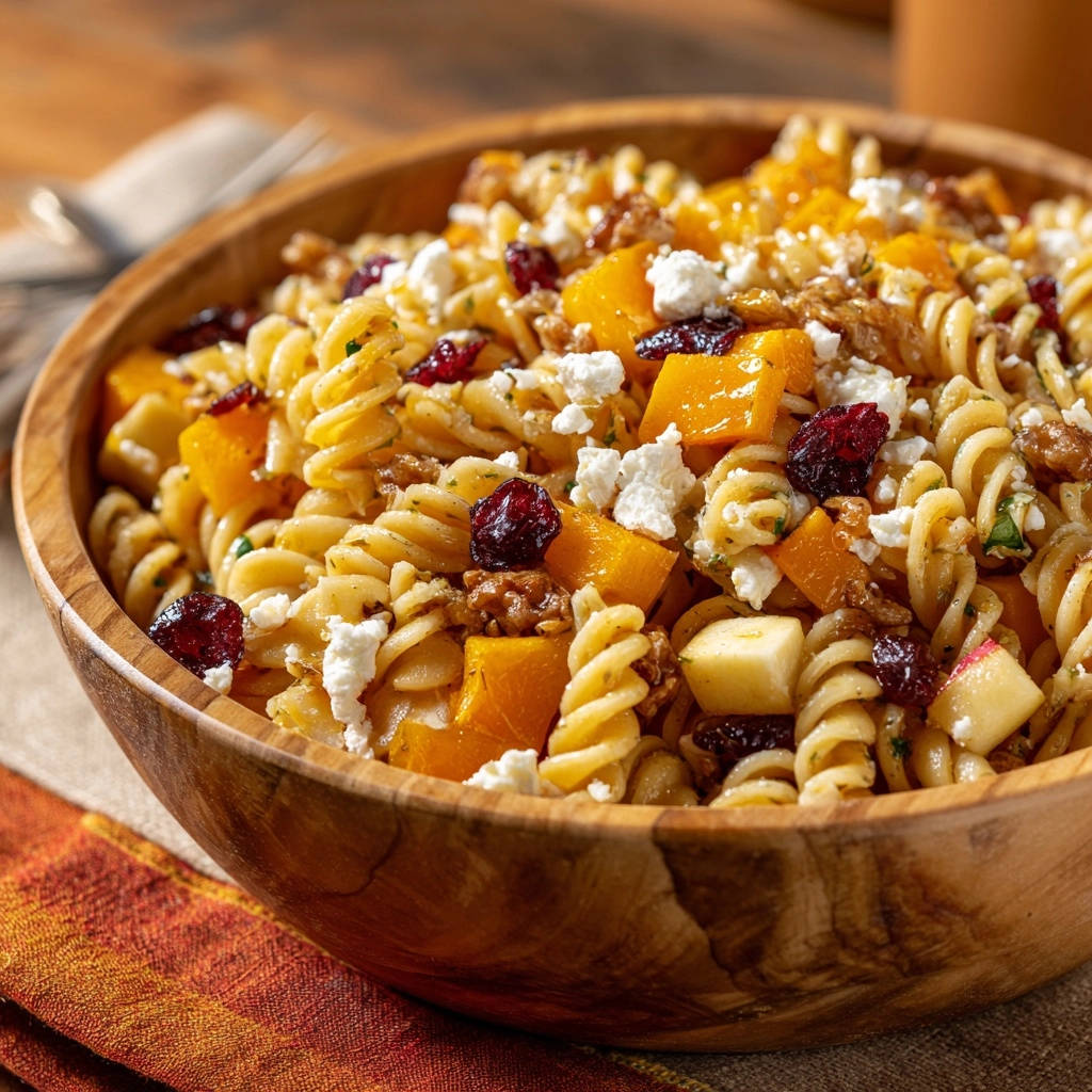 Herbstlicher Nudelsalat Butternut Apfel Feta Nahaufnahme 1 Herbstlicher Nudelsalat mit Butternut, Apfel und Feta in einer Nahaufnahme, die die leuchtenden Farben und die Textur der Zutaten zeigt.