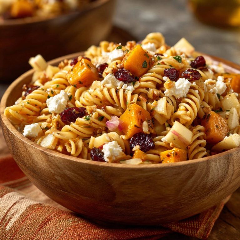 Herbstlicher Nudelsalat mit Butternut, Apfel und Feta in einer Nahaufnahme, der die Textur und die Zutaten des Salats zeigt.