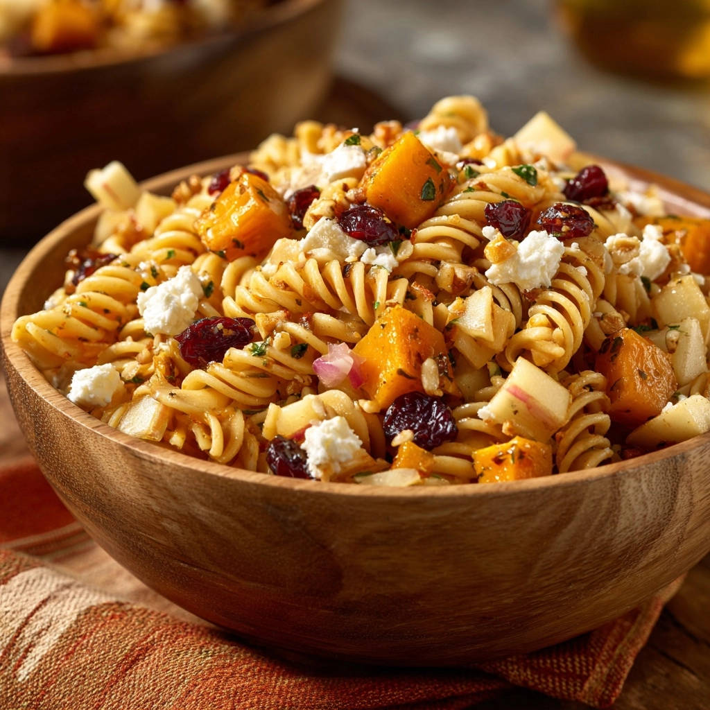 Herbstlicher Nudelsalat mit Butternut, Apfel und Feta in einer Nahaufnahme, der die Textur und die Zutaten des Salats zeigt.
