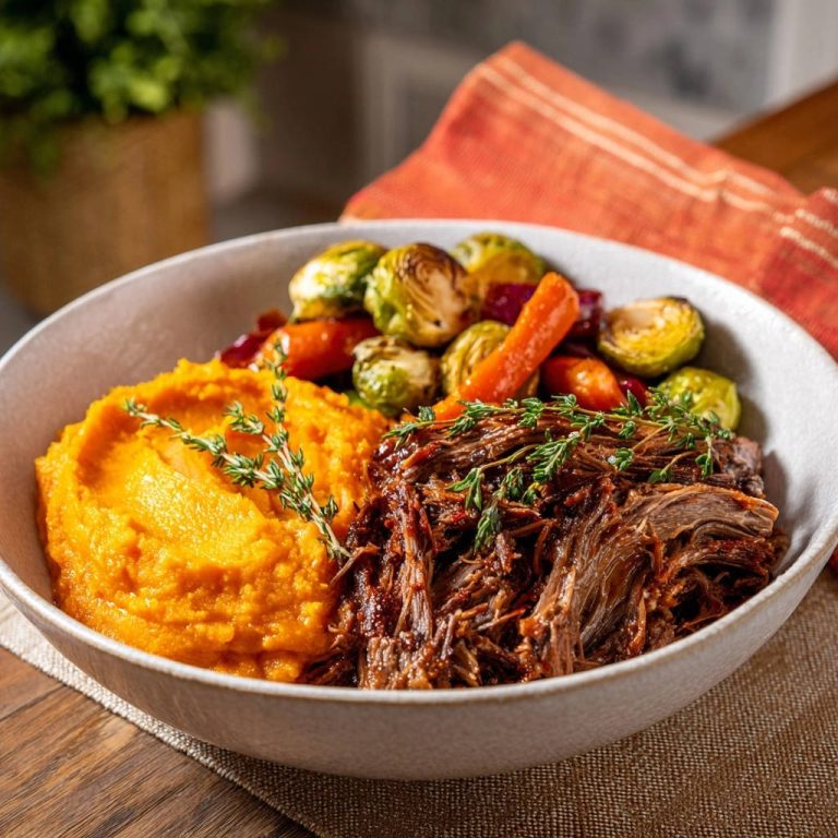 Herbstlicher Schmorbraten-Bowl, serviert in einer Schüssel, mit cremigen Süßkartoffelpüree, Gemüse und zartem, geschmortem Fleisch.