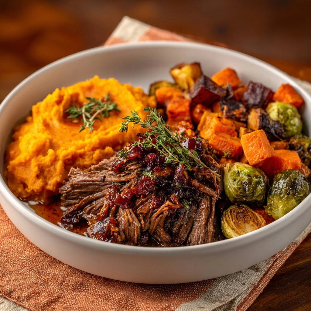 Herbstlicher Schmorbraten Bowl Serviert Mit Gemuese 1 Herbstlicher Schmorbraten-Bowl, serviert in einer Schüssel mit cremigen Süßkartoffelpüree, geschmortem Fleisch und geröstetem Gemüse.