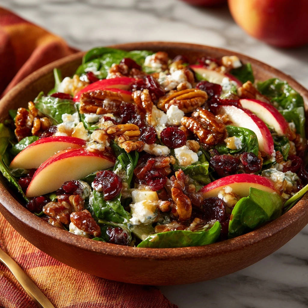 Herbstlicher Spinat Apfel Salat Draufsicht Serviert 1 Herbstlicher Spinat-Apfel-Salat in einer Holzschale serviert, mit frischen Äpfeln, Cranberries, Nüssen und Blauschimmelkäse.