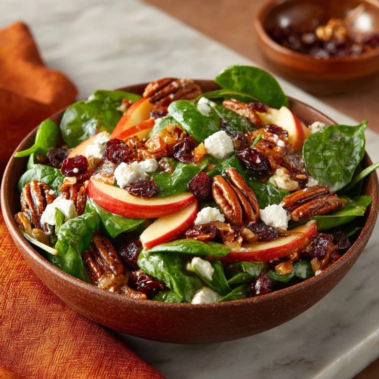 Herbstlicher Spinat-Apfel-Salat mit Nüssen und Ziegenkäse in einer Schüssel, Nahaufnahme der Zutaten.