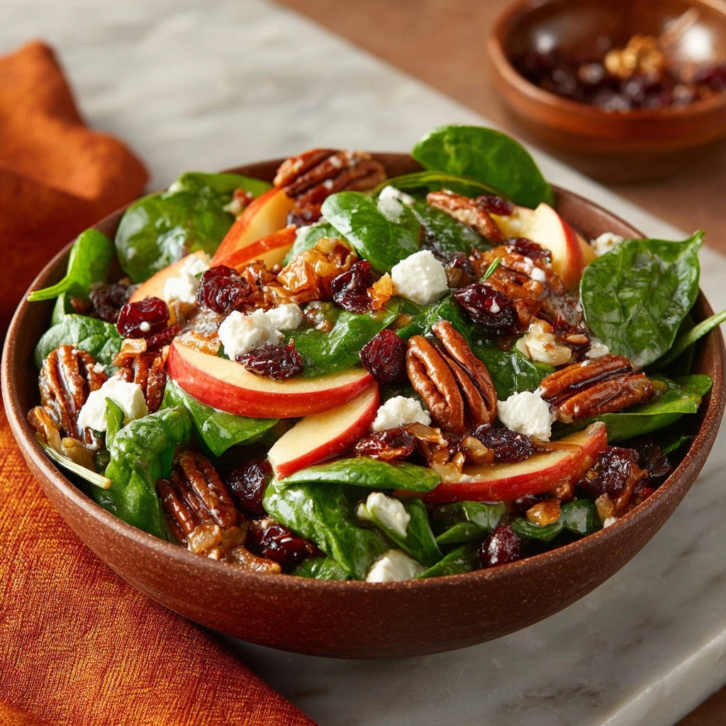 Herbstlicher Spinat-Apfel-Salat mit Nüssen und Ziegenkäse in einer Schüssel, Nahaufnahme der Zutaten.