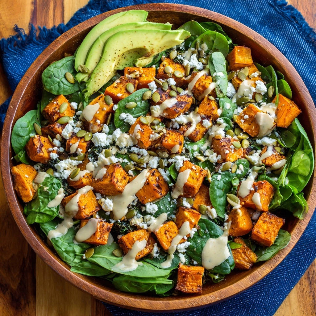 Herbstlicher Süßkartoffel-Avocado-Salat in einer Draufsicht, serviert in einer Holzschüssel, mit perfekt karamellisierten Süßkartoffeln und frischem Spinat.