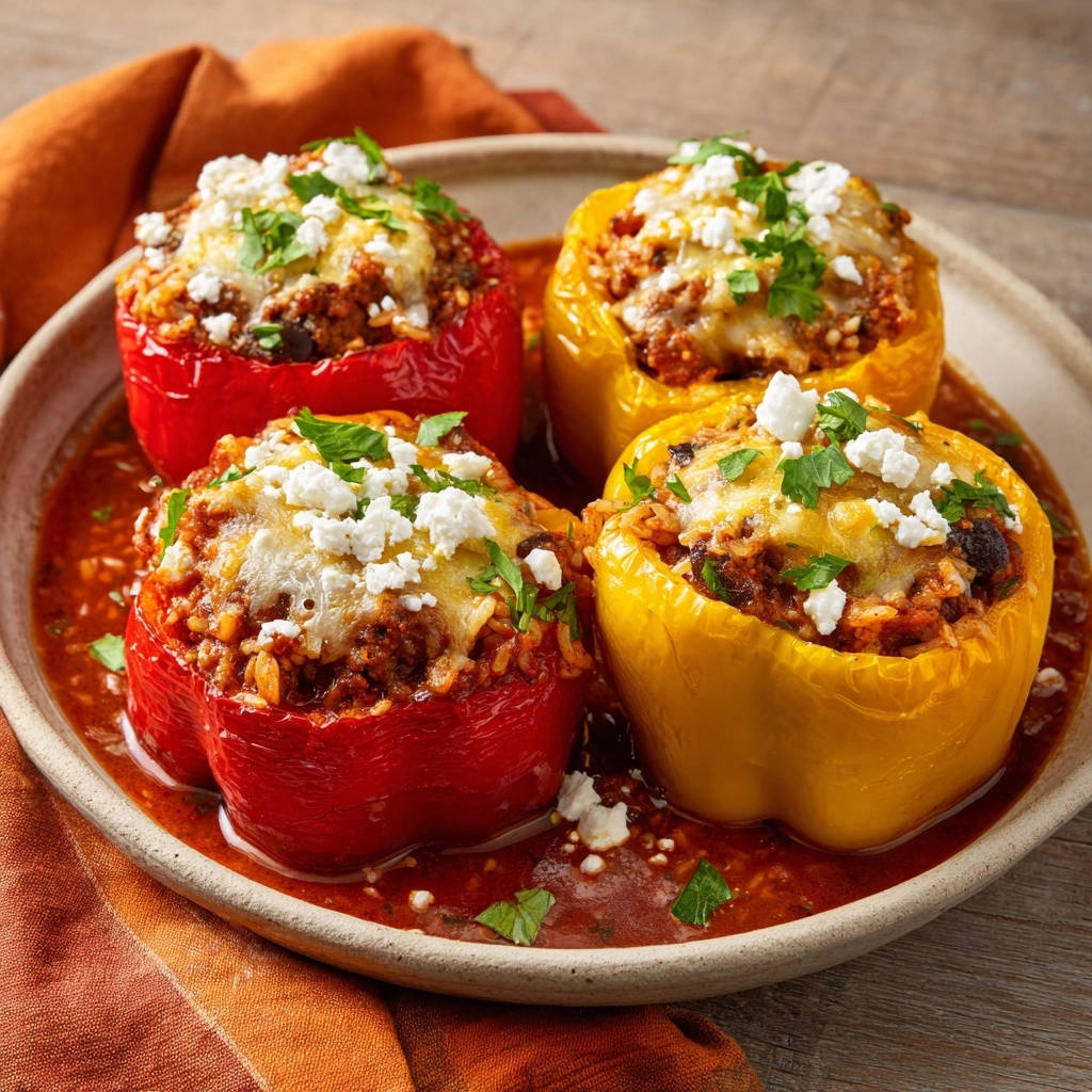Herzhafte Gefuellte Paprika Aus Dem Ofen Draufsicht 1 Herzhafte gefüllte Paprika aus dem Ofen in einer Draufsicht, serviert in einer rustikalen Schüssel mit einer herzhaften Sauce. Die Paprika sind mit Käse überbacken und mit Kräutern garniert.