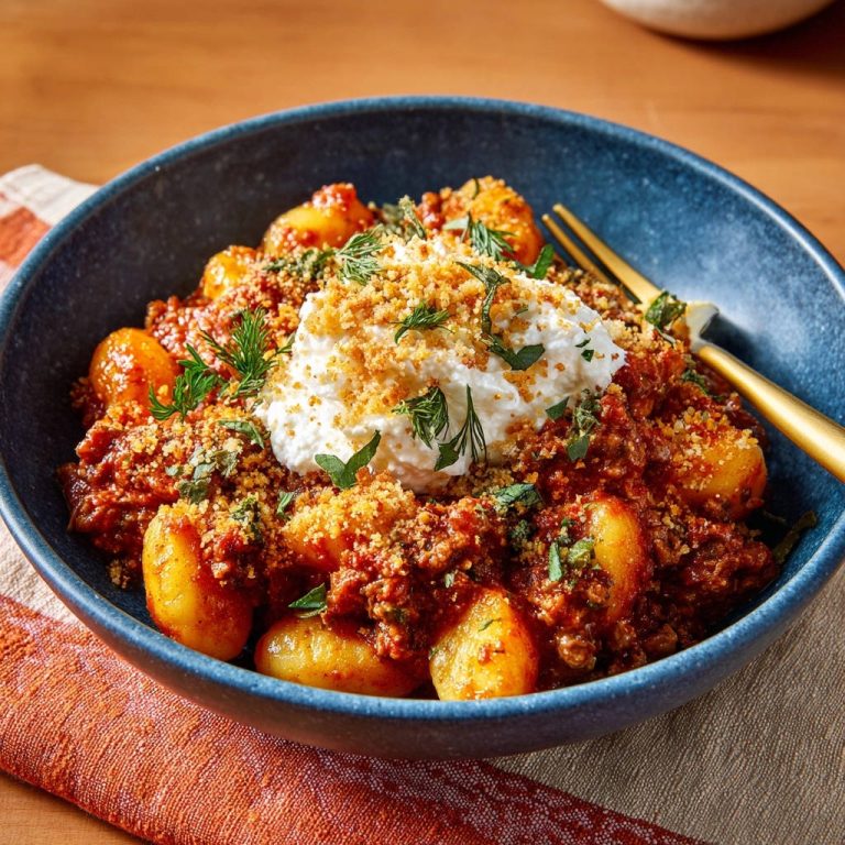 Herzhafte Gnocchi mit Ragu, serviert in einer tiefen blauen Schüssel, mit cremiger Haube, goldenen Krümeln und frischen Kräutern garniert.