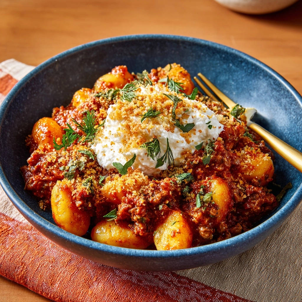 Herzhafte Gnocchi mit Ragu, serviert in einer tiefen blauen Schüssel, mit cremiger Haube, goldenen Krümeln und frischen Kräutern garniert.