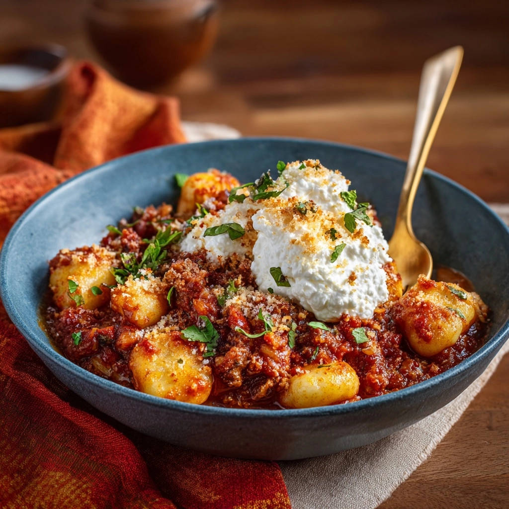 Herzhafte Gnocchi Mit Ragu Serviert 1 Herzhafte Gnocchi mit Ragu, serviert in einer tiefblauen Schale, belegt mit cremiger Haube und frischen Kräutern.