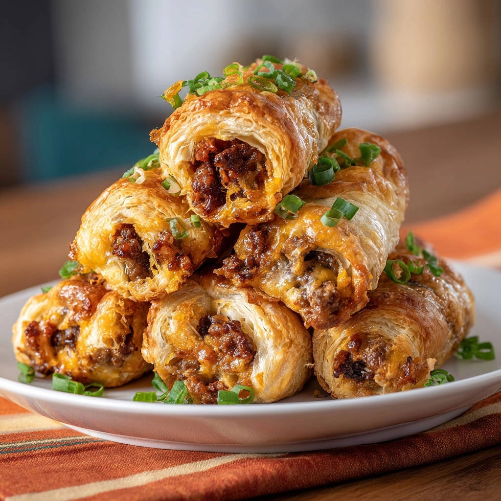 Herzhafte Hackfleisch Kase Rollchen Querschnitt 1 Herzhafte Hackfleisch-Käse-Röllchen in Nahaufnahme, die den saftigen Kern der herzhaften Teigröllchen zeigen. Die golden gebackenen Röllchen sind mit frischen Kräutern garniert.