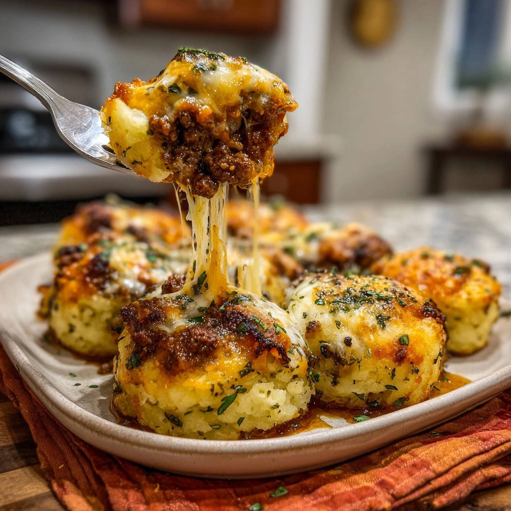 Herzhafte Hirten Muffins Kaese Zieht 1 Herzhafte Hirten-Muffins mit geschmolzenem Käse, der sich beim Abheben mit einer Gabel zieht und die Textur zeigt.