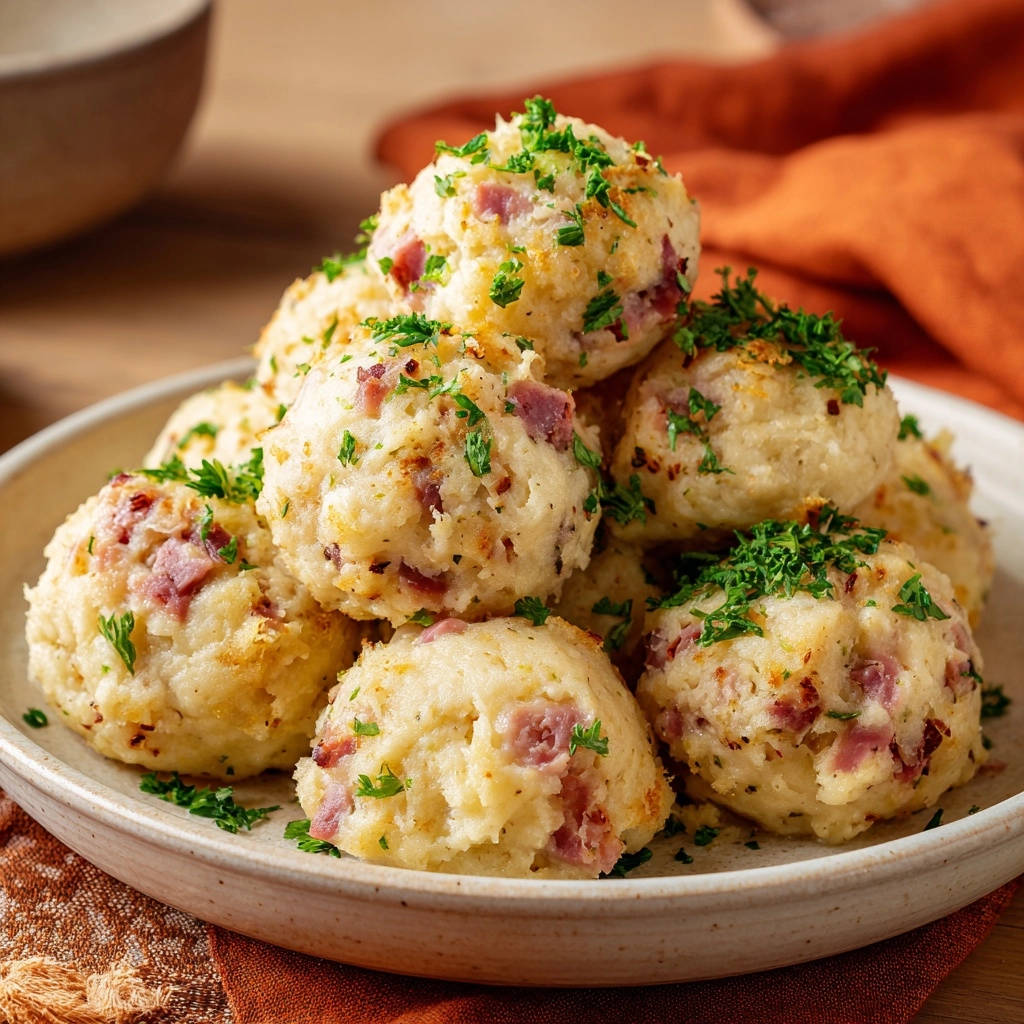 Herzhafte Kase Schinken Knodel Serviert 1 Herzhafte Käse-Schinken-Knödel, serviert auf einem Teller, mit frischer Petersilie garniert. Diese herzhaften Knödel sind perfekt für ein köstliches Mittagessen.