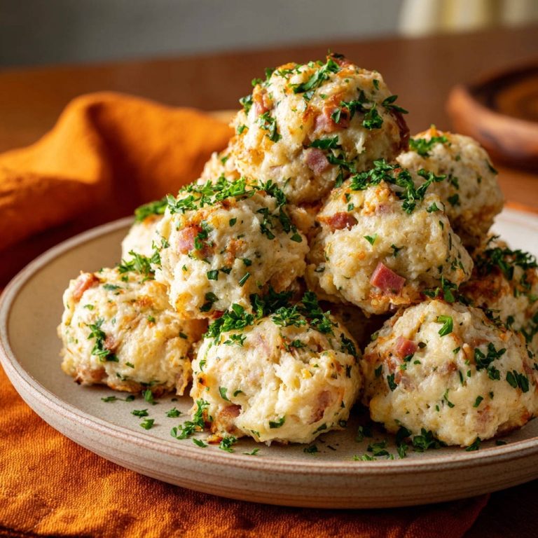 Herzhafte Käse-Schinken-Knödel, serviert auf einem rustikalen Teller, mit frischer Petersilie garniert und von oben fotografiert.