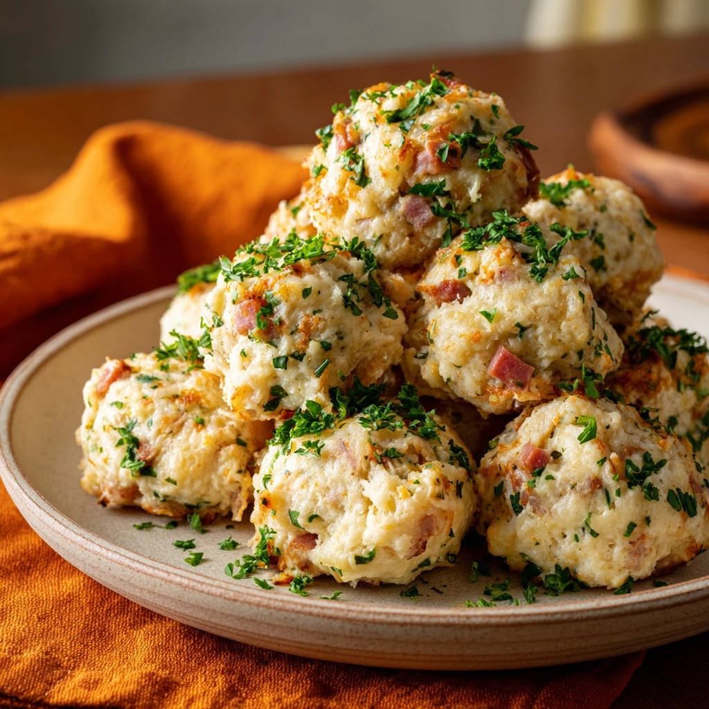 Herzhafte Käse-Schinken-Knödel, serviert auf einem rustikalen Teller, mit frischer Petersilie garniert und von oben fotografiert.