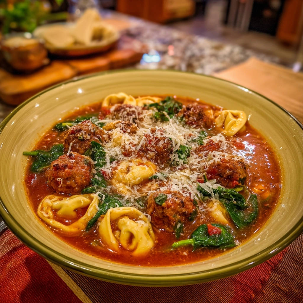 Herzhafte Tortellini-Suppe mit Hackbällchen, serviert in einer Schüssel, mit frischem Spinat und geriebenem Käse bestreut.