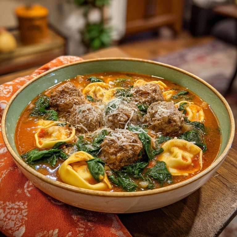 Herzhafte Tortellini-Suppe mit Hackbällchen, serviert in einer Schüssel, mit frischem Spinat und Parmesan bestreut, von oben fotografiert.