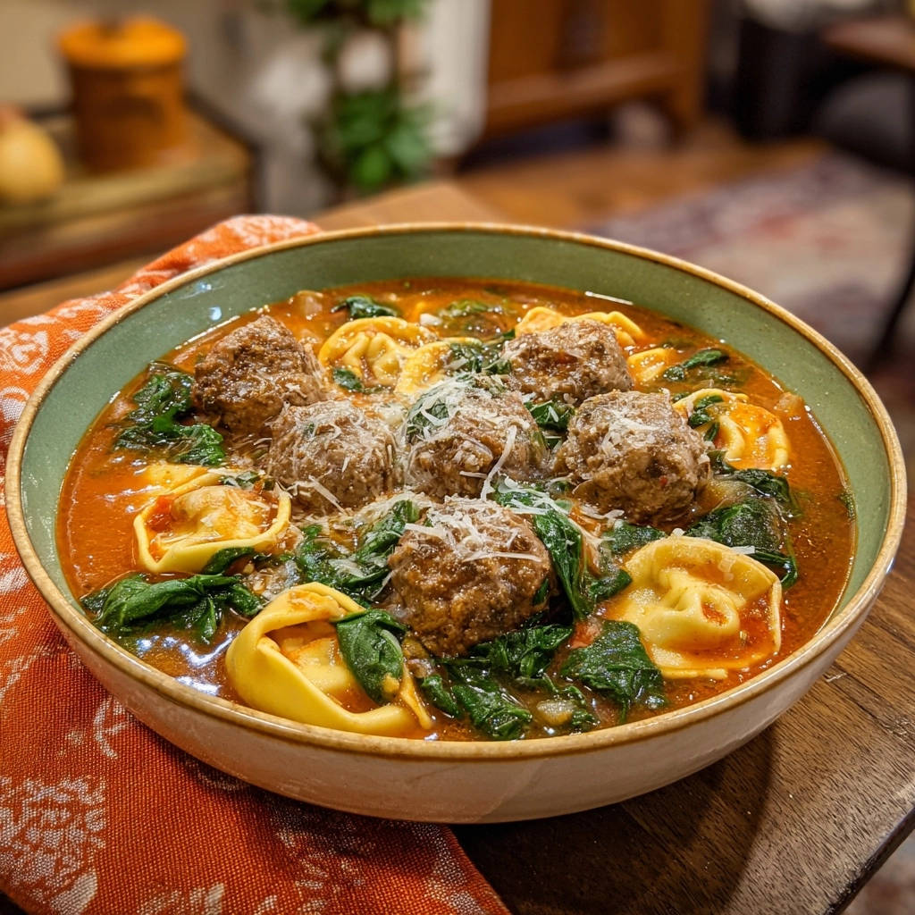 Herzhafte Tortellini-Suppe mit Hackbällchen, serviert in einer Schüssel, mit frischem Spinat und Parmesan bestreut, von oben fotografiert.