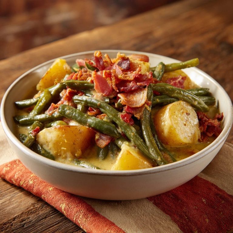 Herzhafter Bohnen-Kartoffel-Eintopf mit Speck, serviert in einer rustikalen Schüssel, garniert mit knusprigem Speck und frischen Bohnen.