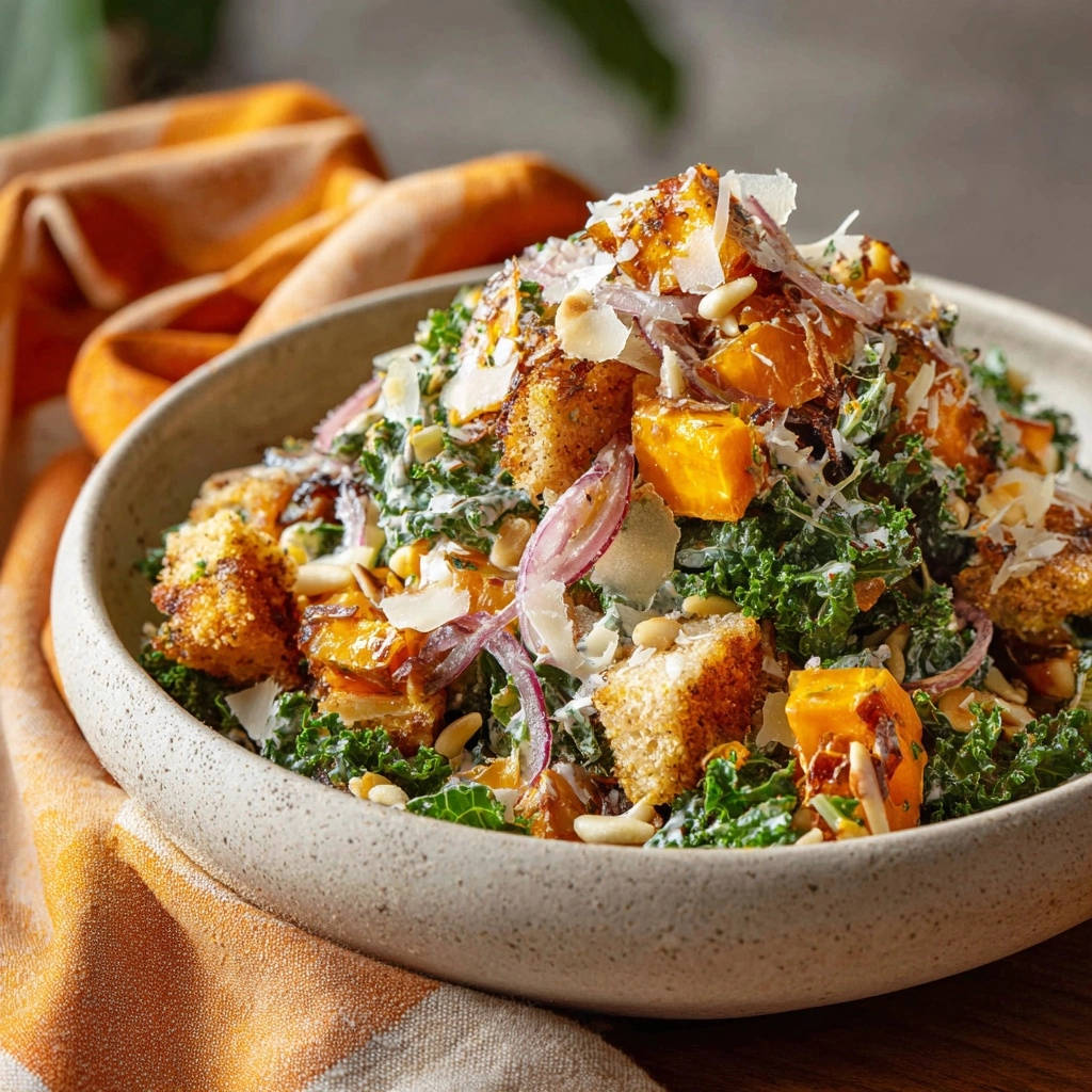 Herzhafter Herbstsalat Mit Kuerbis Und Gruenkohl Draufsicht 1 Herzhafter Herbstsalat mit Kürbis und Grünkohl in einer Schüssel, von oben betrachtet. Der Salat ist mit knusprigen Croutons und gerösteten Kernen garniert.