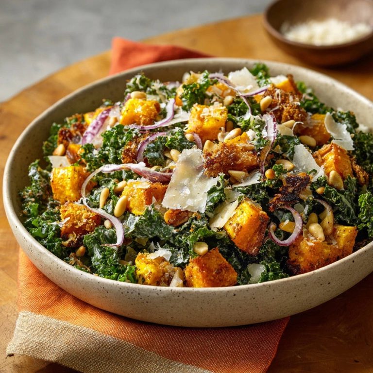 Herzhafter Herbstsalat mit Kürbis und Grünkohl in einer Schüssel, serviert mit knusprigen Kürbiswürfeln und frisch gehobeltem Parmesan.