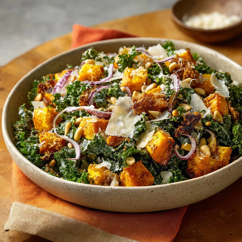Herzhafter Herbstsalat mit Kürbis und Grünkohl in einer Schüssel, serviert mit knusprigen Kürbiswürfeln und frisch gehobeltem Parmesan.