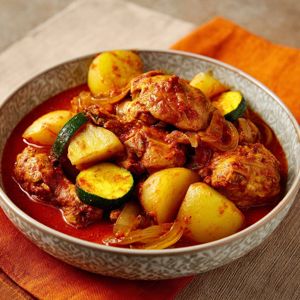 Herzhafter Hähnchen-Gemüse-Eintopf in einer Schüssel serviert, mit Kartoffeln, Zucchini und Zwiebeln, in einer leckeren Sauce.