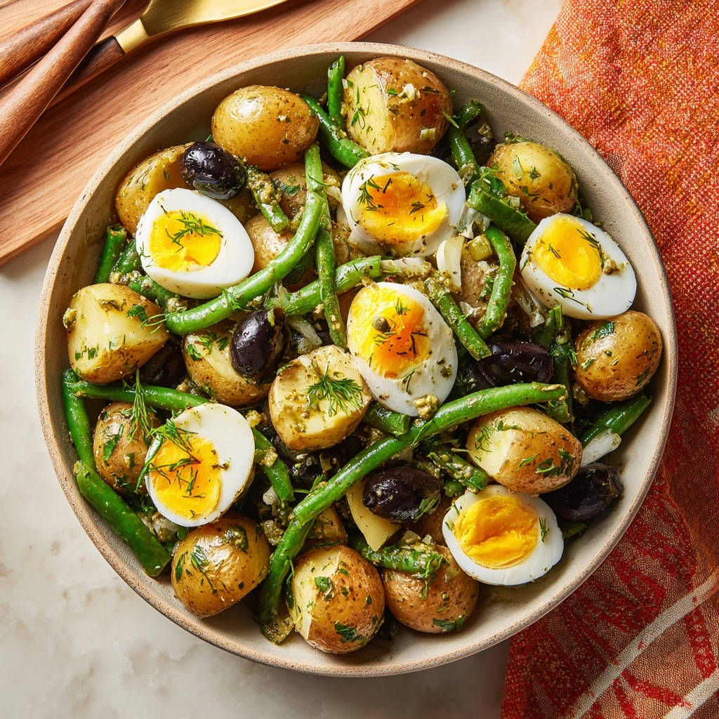 Herzhafter Kartoffel-Bohnen-Salat mit Oliven und Eiern in einer Schüssel, serviert in einer Draufsicht mit perfekt gekochten Eiern.
