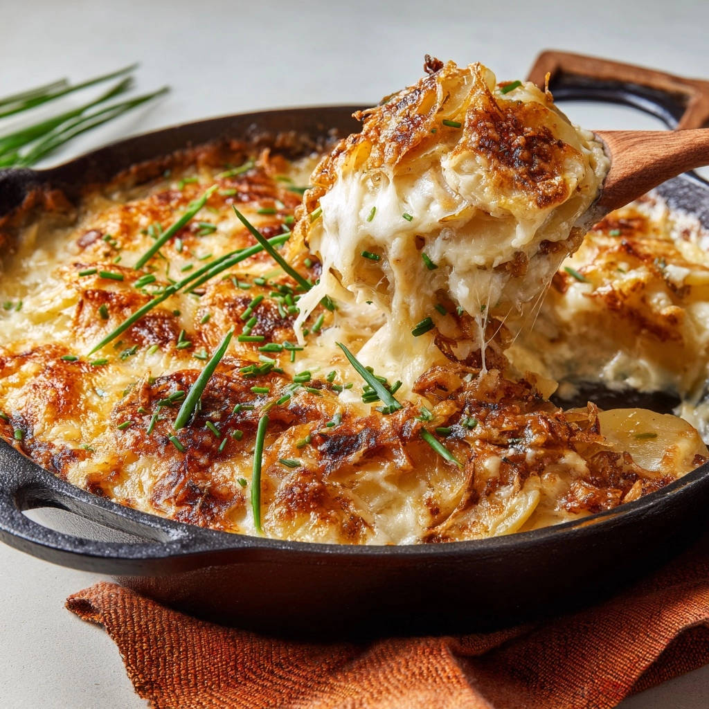 Herzhafter Kartoffel Gratin Mit Karamellisierten Zwiebeln Po 1 Herzhafter Kartoffel-Gratin mit karamellisierten Zwiebeln wird aus der Pfanne gehoben, mit geschmolzenem Käse und frischen Kräutern.