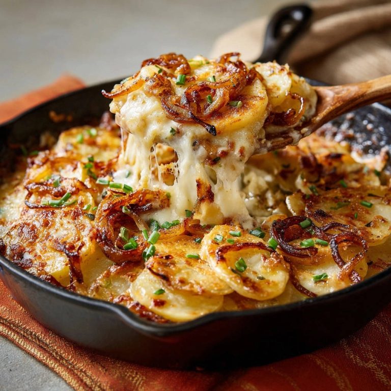 Herzhafter Kartoffel-Gratin mit karamellisierten Zwiebeln, serviert mit einem Holzlöffel, der eine Portion mit geschmolzenem Käse und Zwiebeln hält.