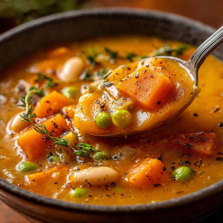 Herzhafter Kürbis-Bohnen-Eintopf mit Erbsen in Nahaufnahme: Ein Löffel voll dampfender Suppe mit Kürbiswürfeln, Erbsen und frischen Kräutern.
