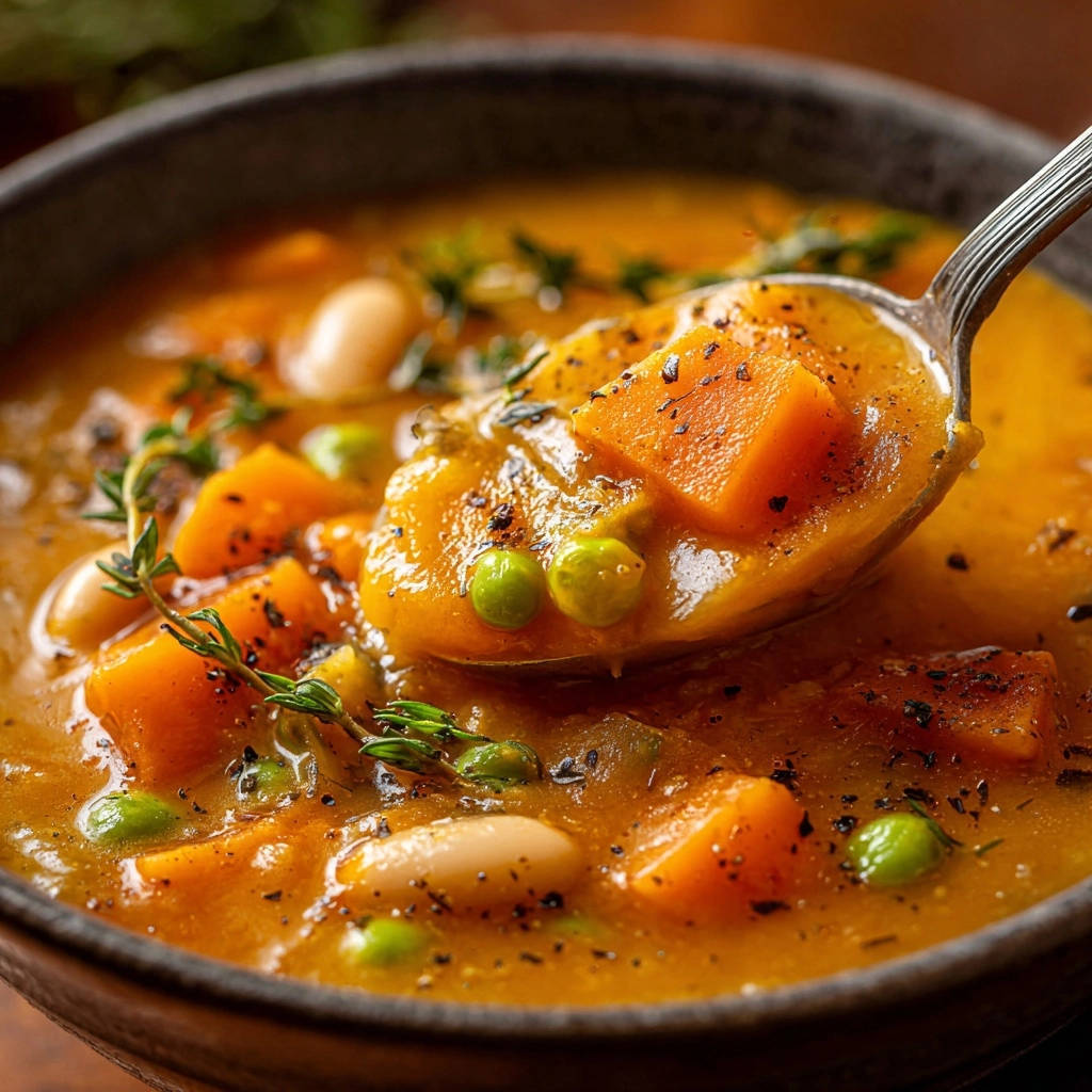 Herzhafter Kürbis-Bohnen-Eintopf mit Erbsen in Nahaufnahme: Ein Löffel voll dampfender Suppe mit Kürbiswürfeln, Erbsen und frischen Kräutern.