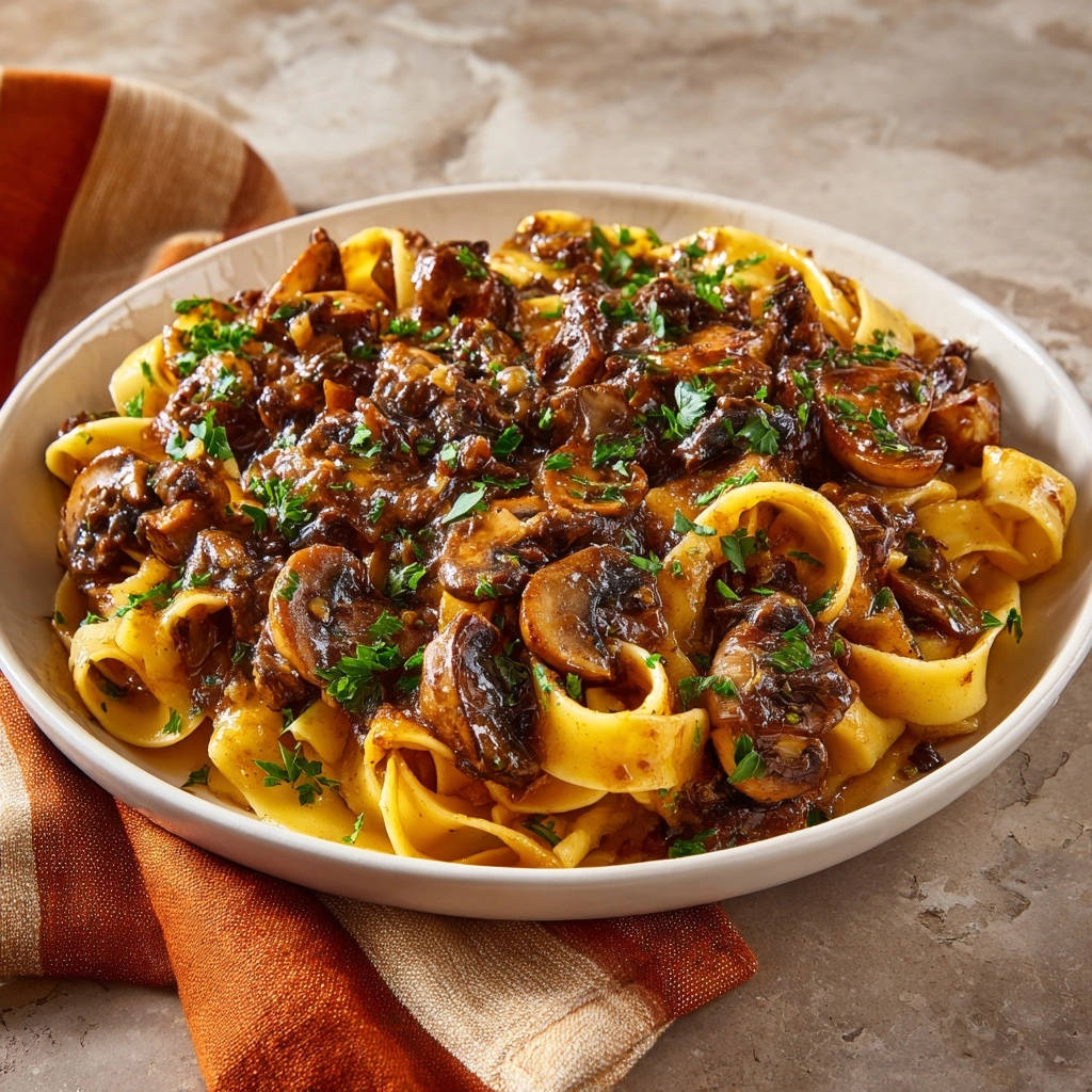 Herzhaftes Pappardelle mit Waldpilz-Ragout in einer weißen Schale, garniert mit frischer Petersilie, aus der Vogelperspektive gesehen.