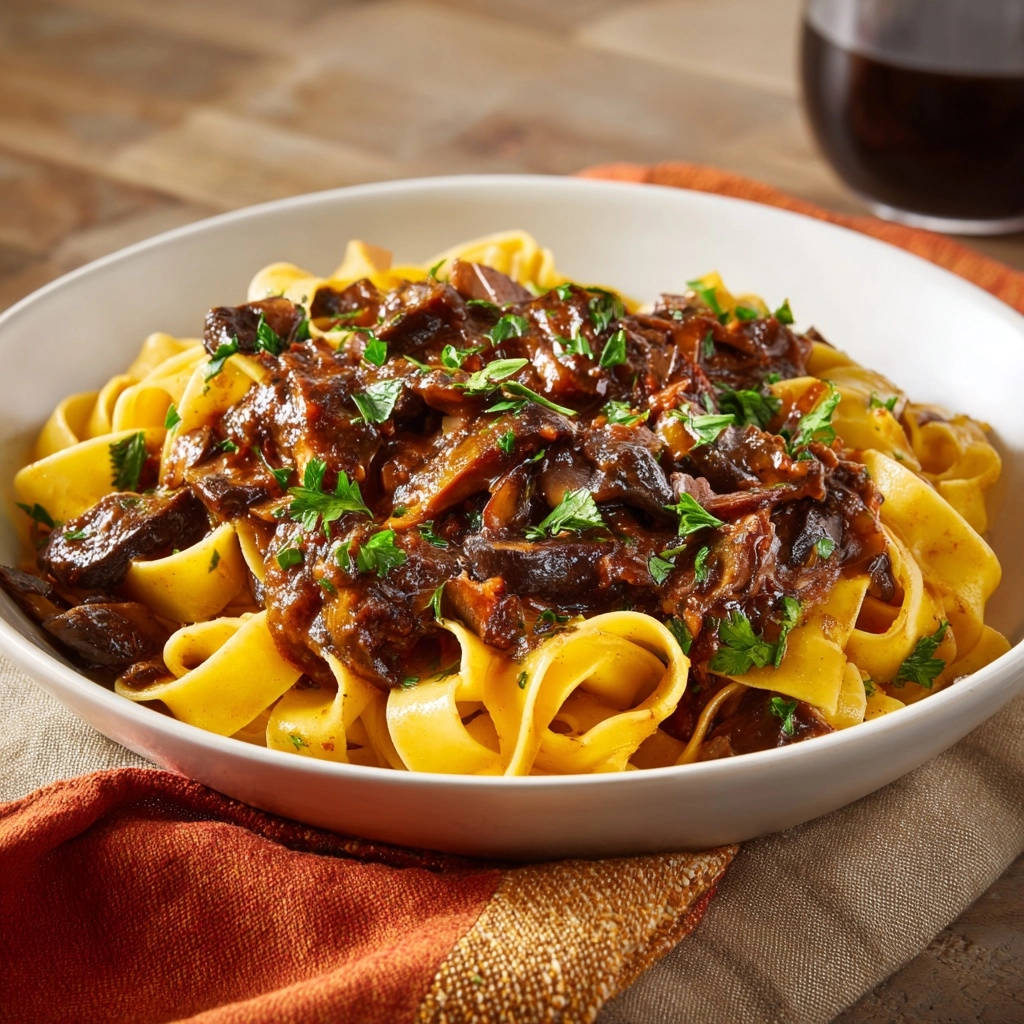 Herzhaftes Pappardelle mit Waldpilz-Ragout serviert in einer weißen Schüssel. Die hausgemachte Pasta ist mit einem dunklen, reichhaltigen Ragout bedeckt.