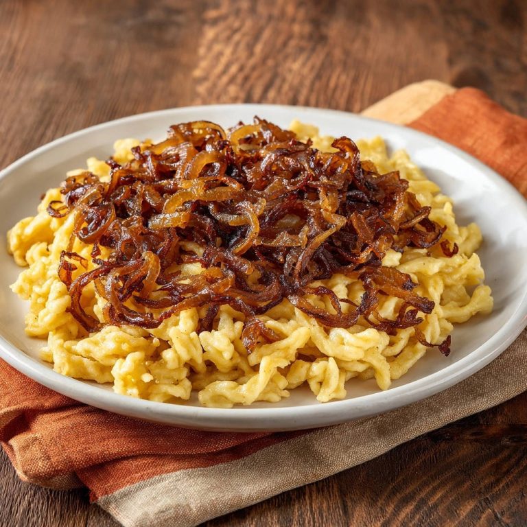 Käsespätzle mit knusprigen Röstzwiebeln, serviert in einer Schüssel. Die goldbraunen Röstzwiebeln liegen auf den Spätzle.