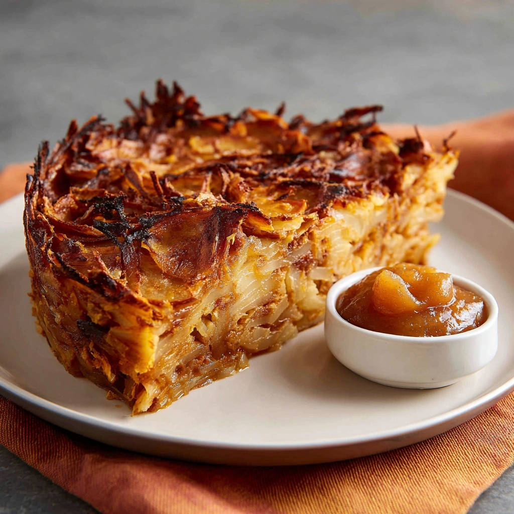 Kartoffel-Karotten-Rösti-Kuchen, serviert auf einem Teller, zeigt einen knusprigen Querschnitt des herzhaften Kuchens. Dazu Apfelmus.