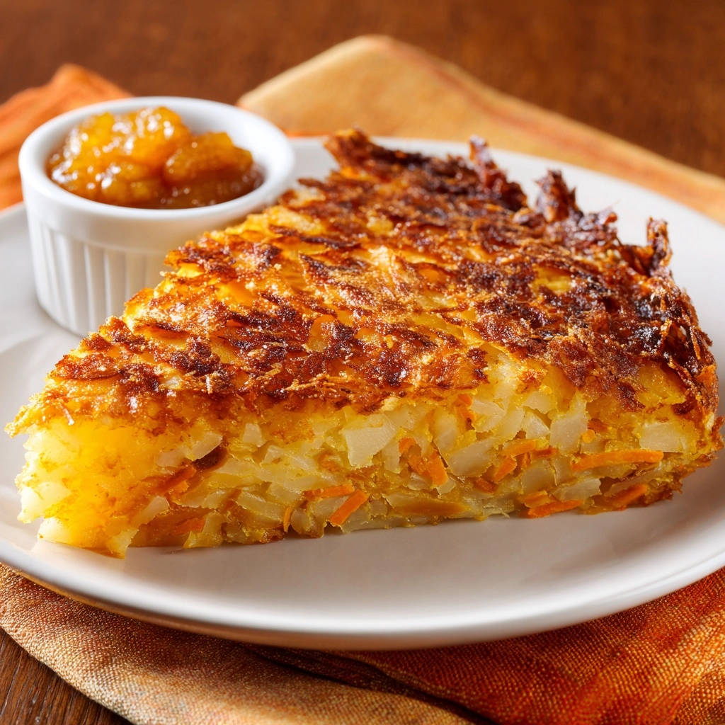 Kartoffel-Karotten-Rösti-Kuchen mit einem Anschnitt, der die goldbraune Kruste und die Schichtung von geriebenen Kartoffeln und Karotten zeigt.