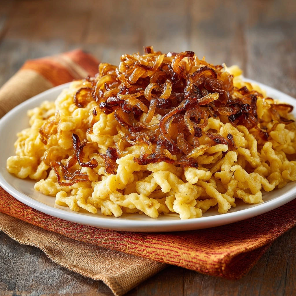 Käsespätzle mit goldbraunen, knusprigen Röstzwiebeln, die auf einem Teller angerichtet sind. Das traditionelle Gericht wird von oben serviert.