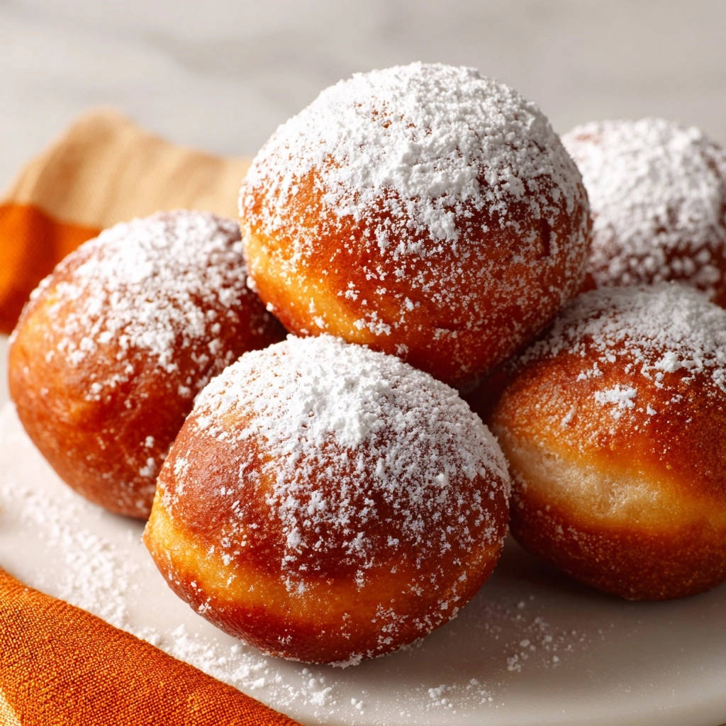 Klassische Puderzucker-Krapfen in Nahaufnahme, üppig mit Puderzucker bestäubt, perfekt für eine süße Leckerei. Die goldbraune Kruste glänzt verführerisch.