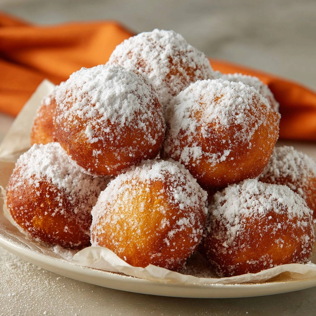 Klassische Puderzucker-Krapfen, üppig mit Puderzucker bestäubt, serviert auf einem hellen Teller, bereit zum Genießen.