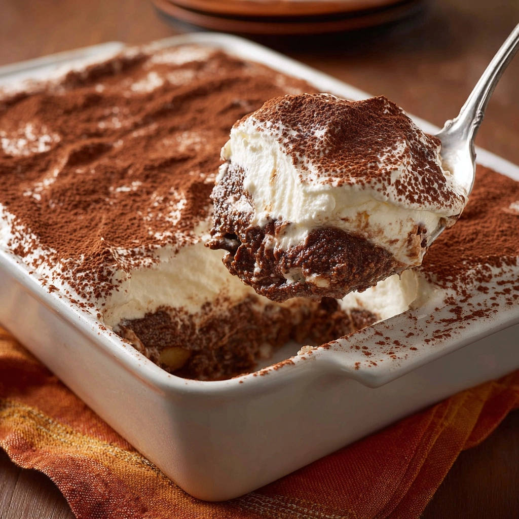 Klassisches Tiramisu wird auf einem Löffel präsentiert, wobei die cremige Textur und der Kakaopuder-Belag deutlich sichtbar sind.