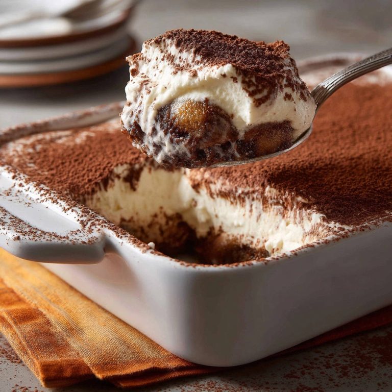 Klassisches Tiramisu mit einem Löffel präsentiert, der einen köstlichen Querschnitt mit cremiger Mascarpone und getränkten Löffelbiskuits zeigt.