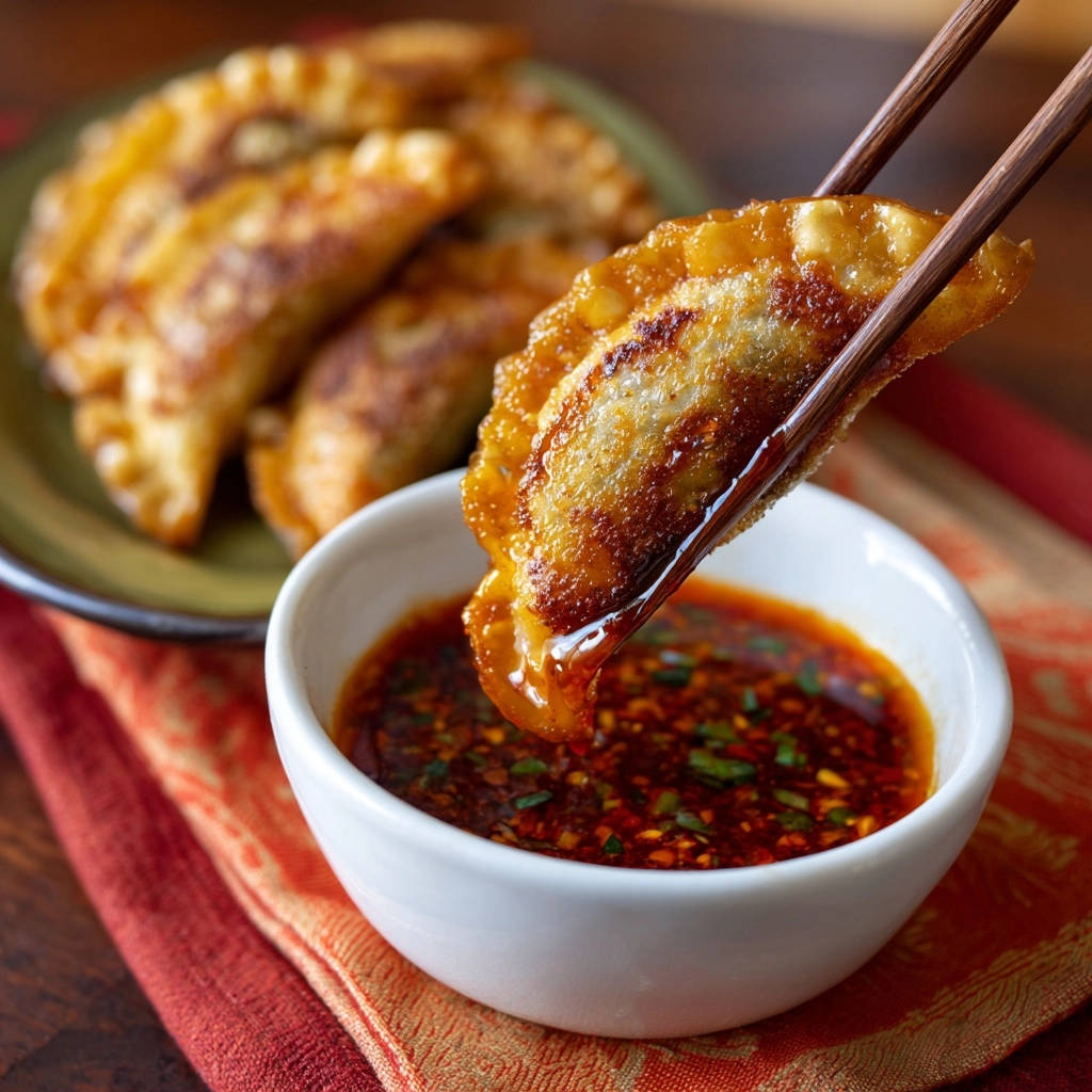 Knusprige Pan-Fried Dumplings werden in eine Schüssel mit würzigem Chili-Öl getunkt, perfekt für ein köstliches Geschmackserlebnis.