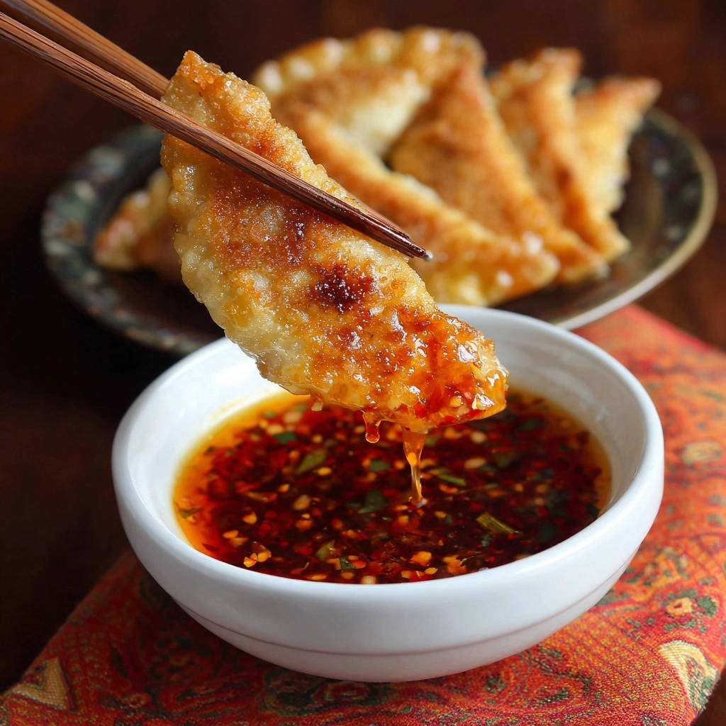Knusprige Pan Fried Dumplings In Sauce Nahaufnahme 1 Knusprige Pan-Fried Dumplings werden in eine Schüssel mit würziger Sauce getunkt, in Nahaufnahme mit Essstäbchen gehalten. Köstlicher Teigtaschen-Genuss!