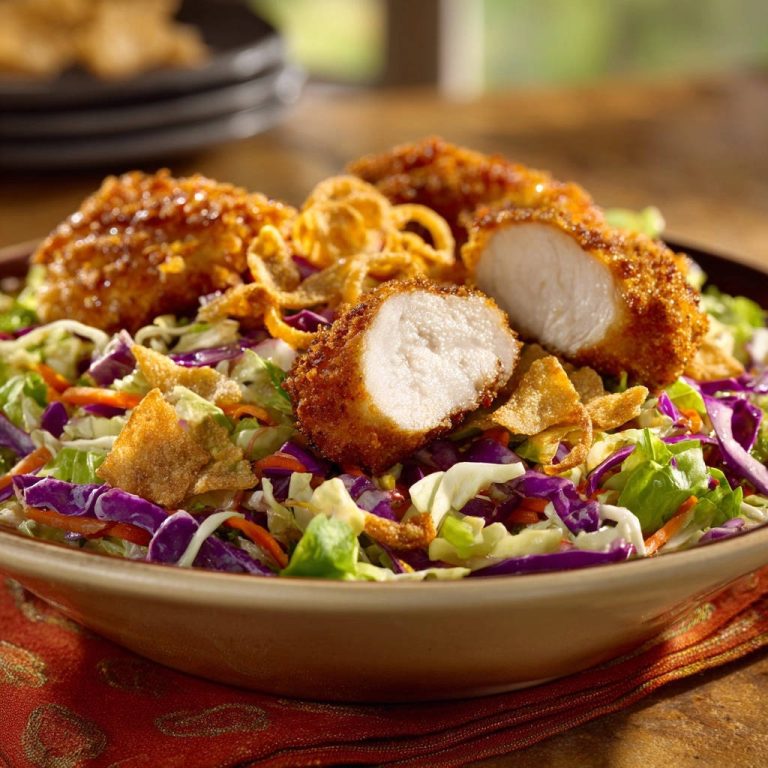 Knuspriger Asia-Hähnchensalat zeigt einen saftigen Hähnchenbrust-Querschnitt, der die knusprige Panade und das zarte Fleisch offenbart.