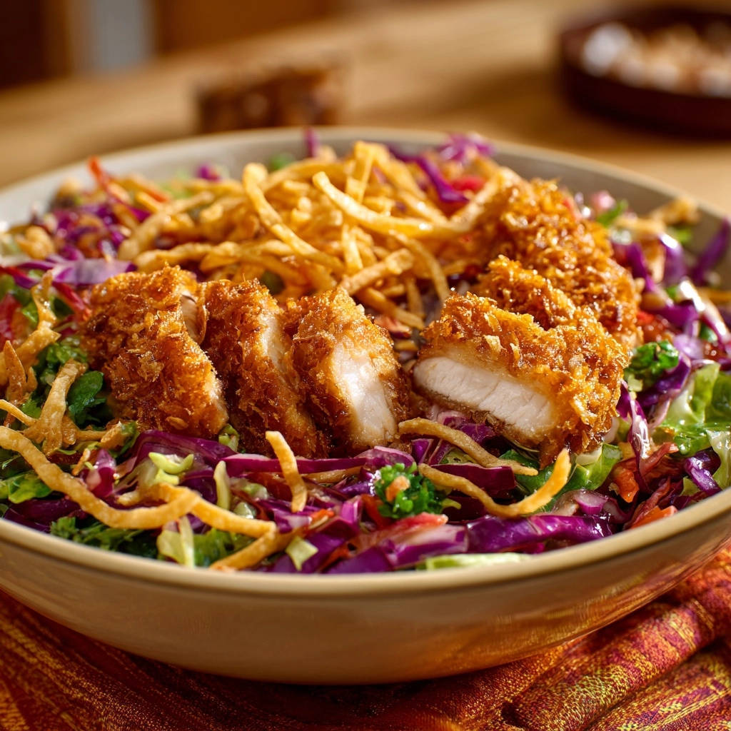 Knuspriger Asia-Hähnchensalat in Nahaufnahme: Der saftige Hähnchenquerschnitt zeigt die knusprige Panade.