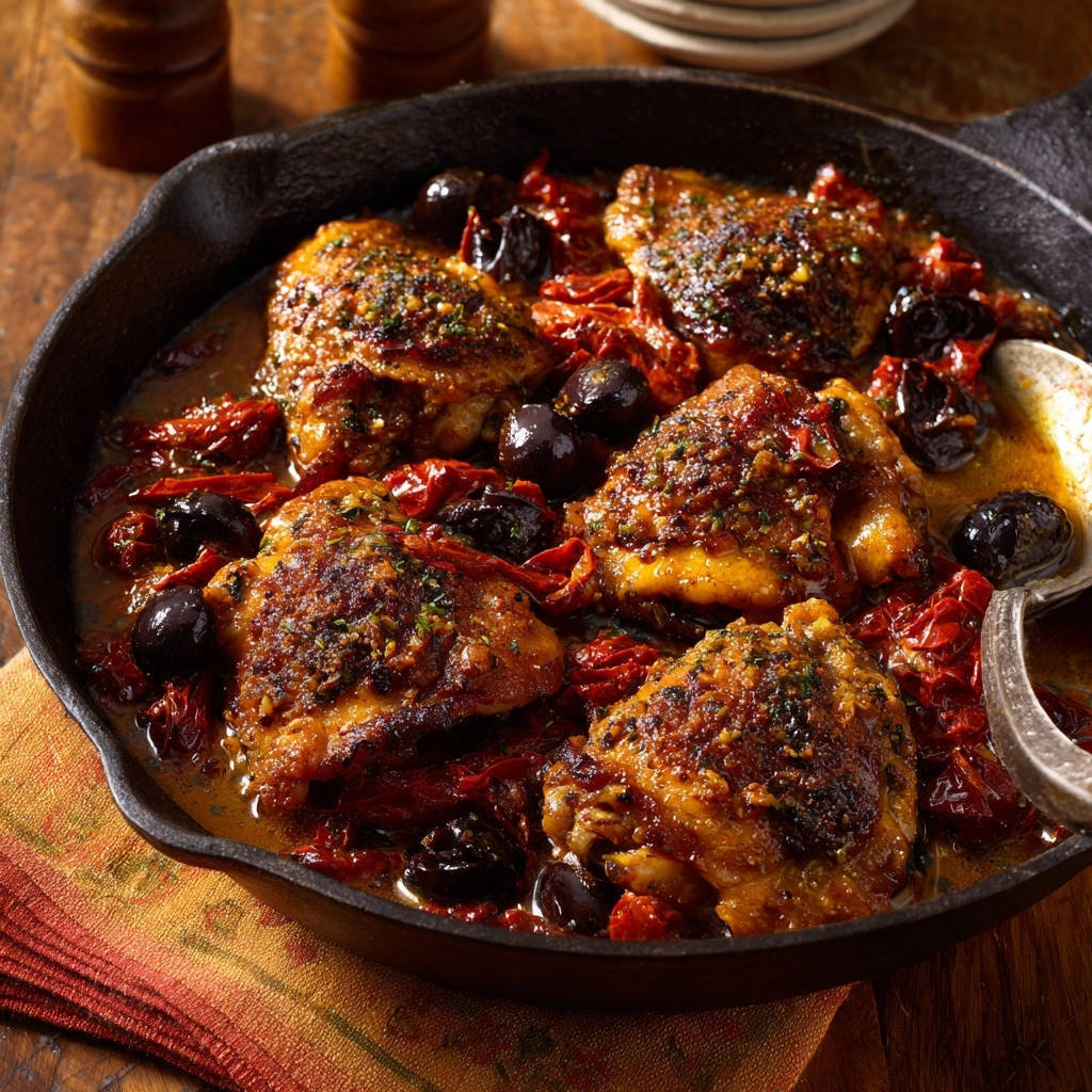 Mediterranes Ofenhuhnchen Mit Tomaten Und Oliven Draufsicht 1 Mediterranes Ofenhähnchen mit Tomaten und Oliven in einer Pfanne von oben betrachtet. Saftige Hähnchenstücke mit sonnengetrockneten Tomaten und Oliven.