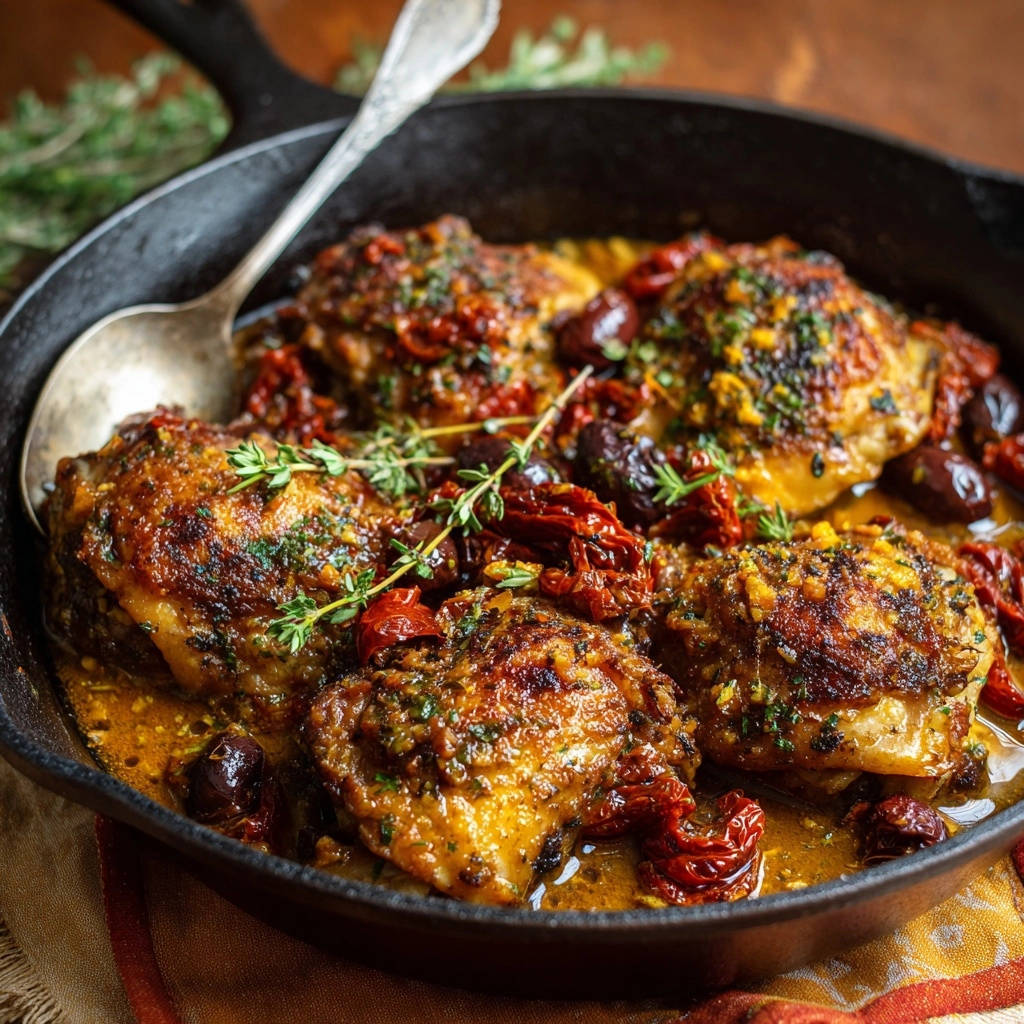 Mediterranes Ofenhähnchen mit Tomaten und Oliven in einer Nahaufnahme, serviert in einer gusseisernen Pfanne mit frischen Kräutern.